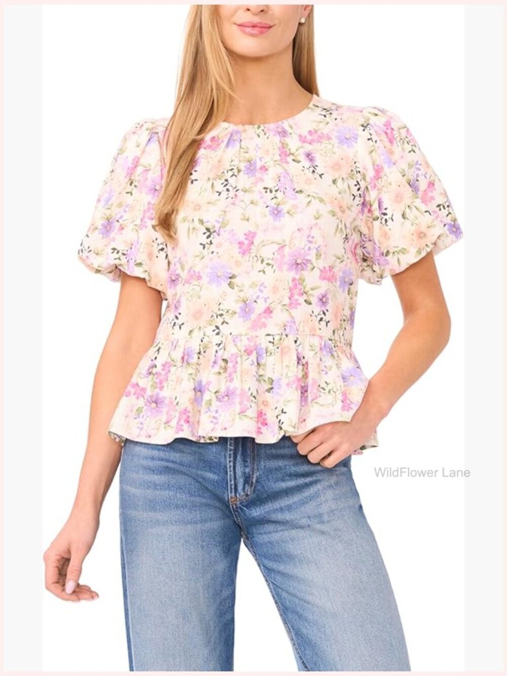 Women's Floral Puff Sleeve Peplum Top Crew Neck